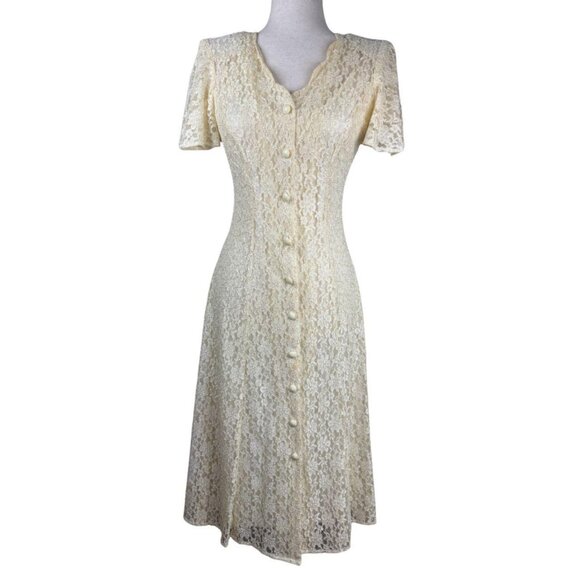 Vintage Dawn Joy Cream Lace Button Front Midi Dress Petite - Picture 1 of 7
